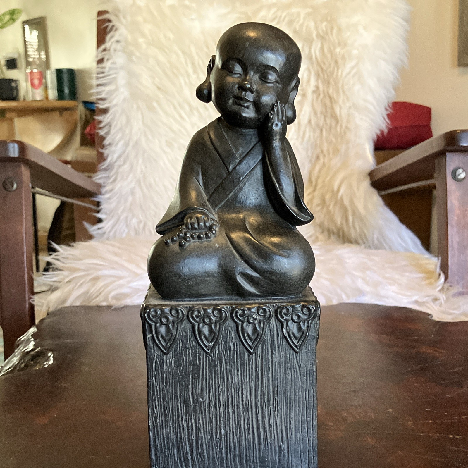 South Korean Black Matte Resin Buddha Figurine Seated on Square Decorative Base