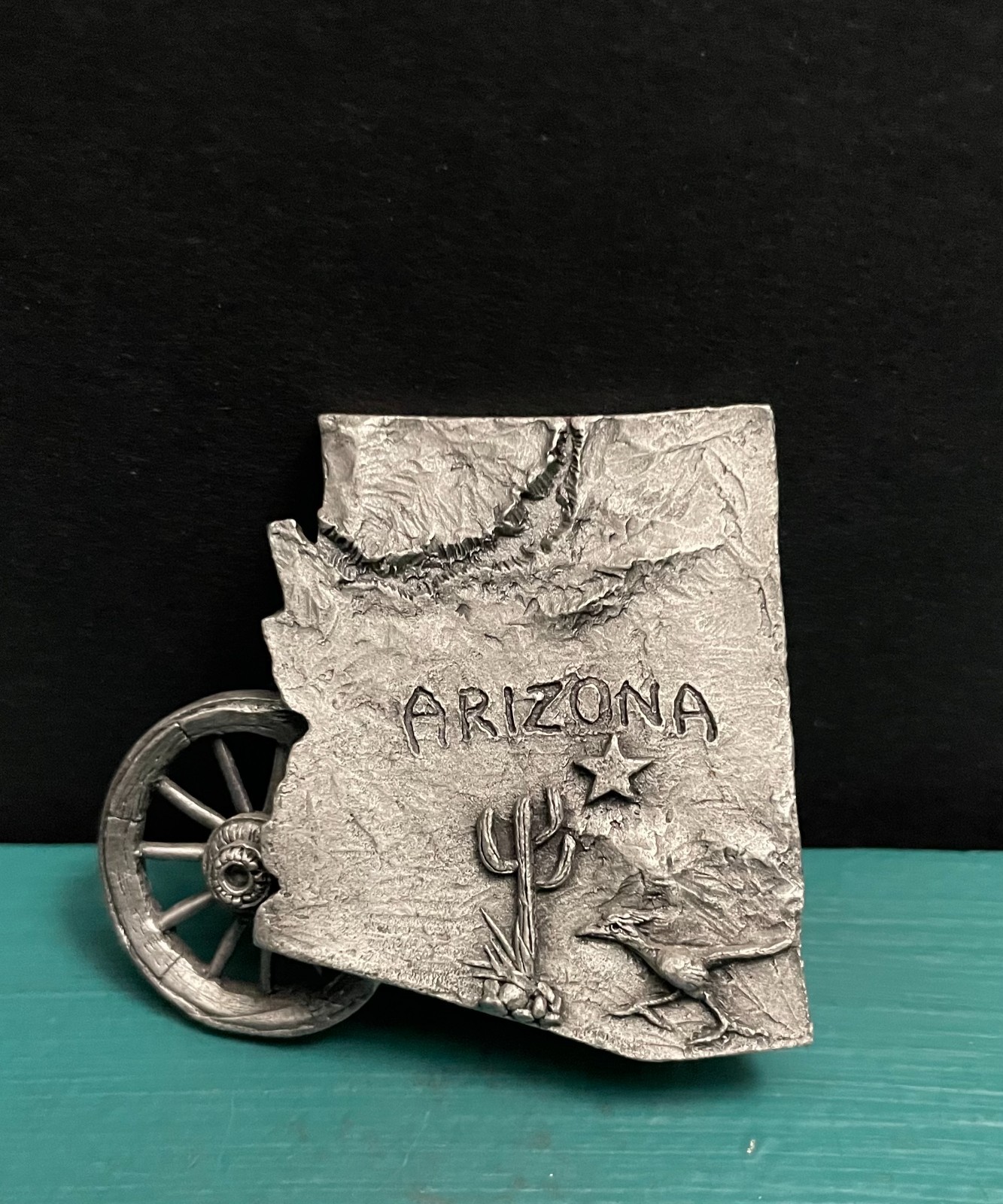 Boyd Perry Rawcliffe Pewter Arizona State Map Roadrunner Saguaro Cactus Figurine