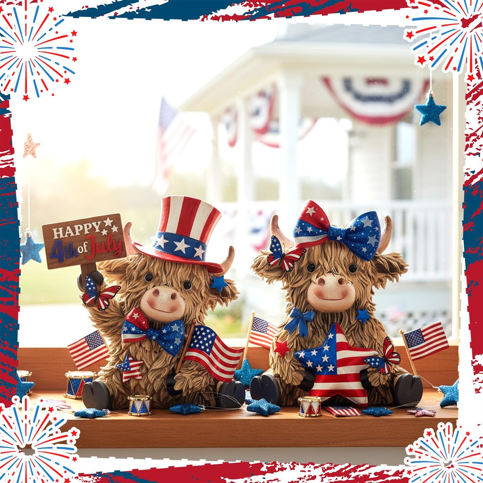 2 Pack 4th of July Patriotic Highland Cow Decorations Memorial Day Highland C…