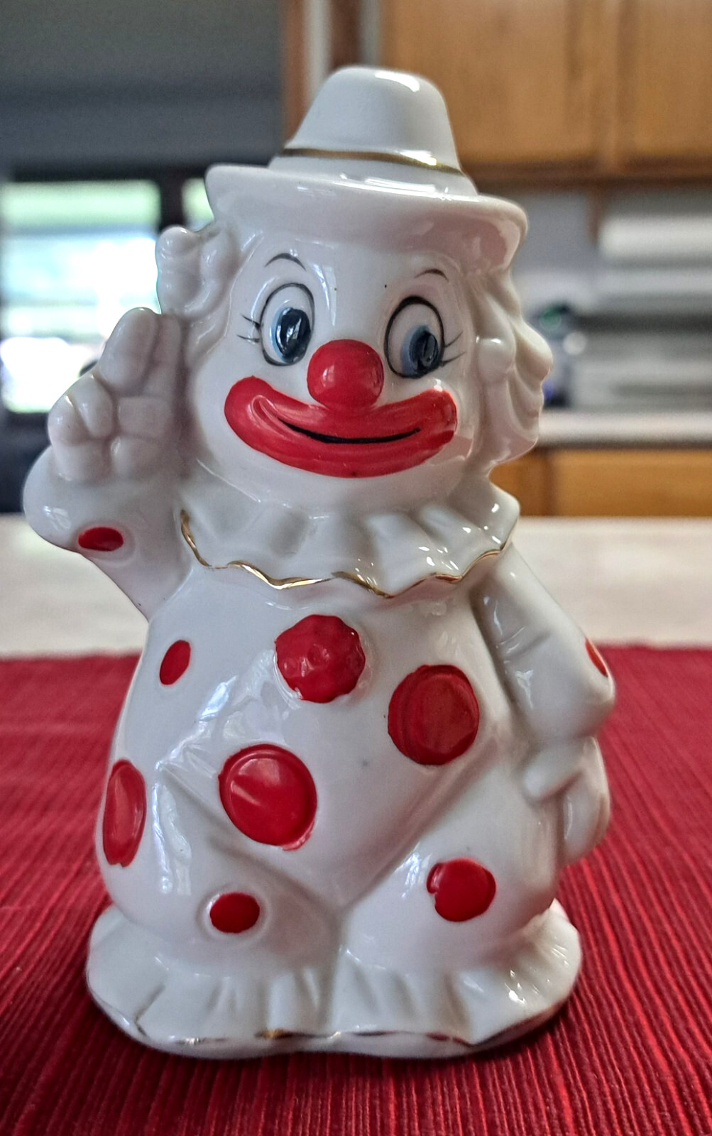 Vintage 5″ Ceramic Circus Clown Bell Hand-Painted Red/White Polka Dot Figurine
