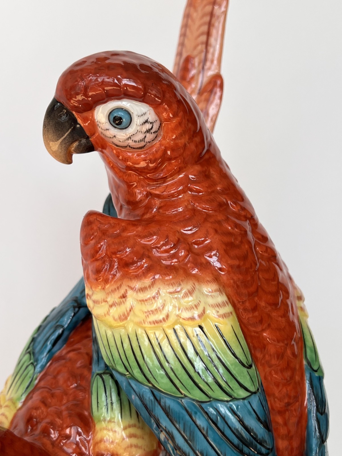 Antique Porcelain Bird Figurine Red Macaw Parrots Sinzendorf 1918 13″ High