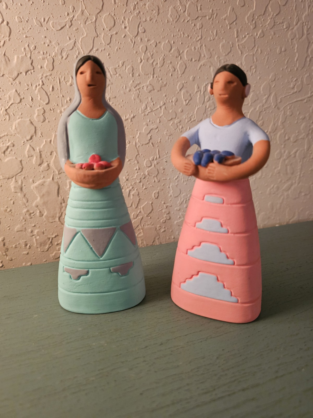Vintage FolkArt TerraCotta Pair Of Women Holding Fruit, Bright Colors-Excellent