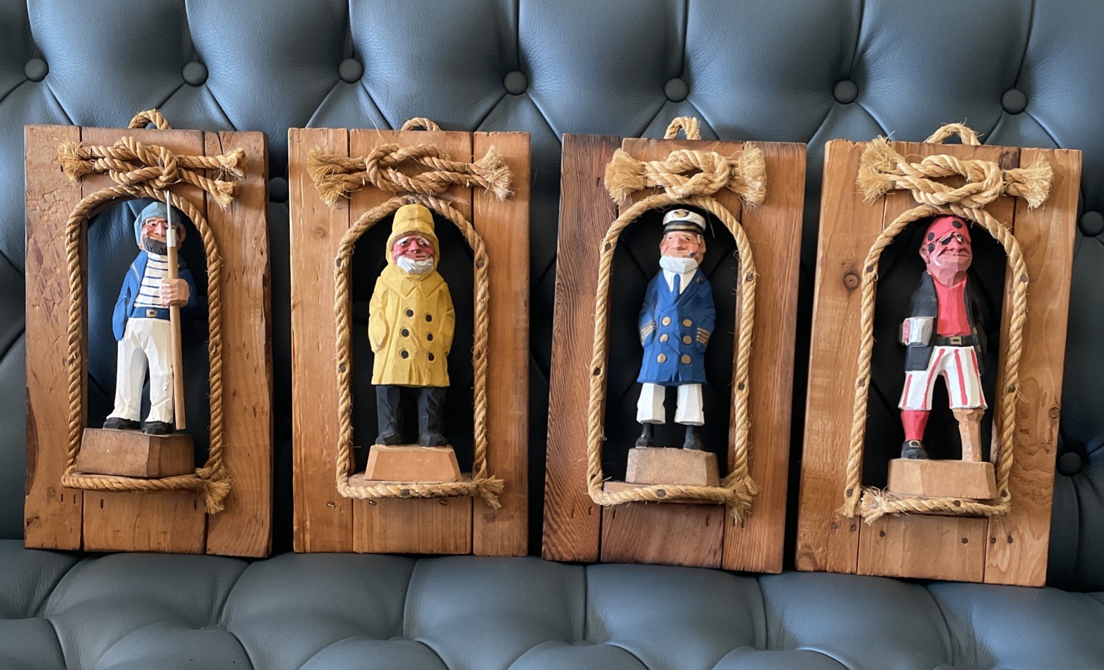 Vintage Handcarved Wooden Seamen in Nautical-Themed Frames for Wall Decor