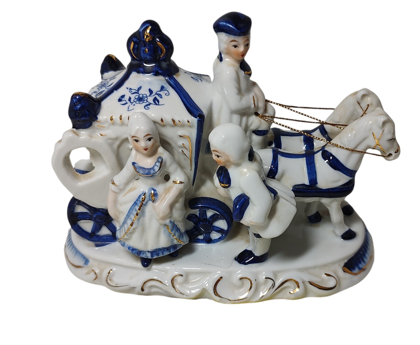 Vintage Colonial Figurine Cobalt Blue and White Porcelain Lady Coach Horses SEE