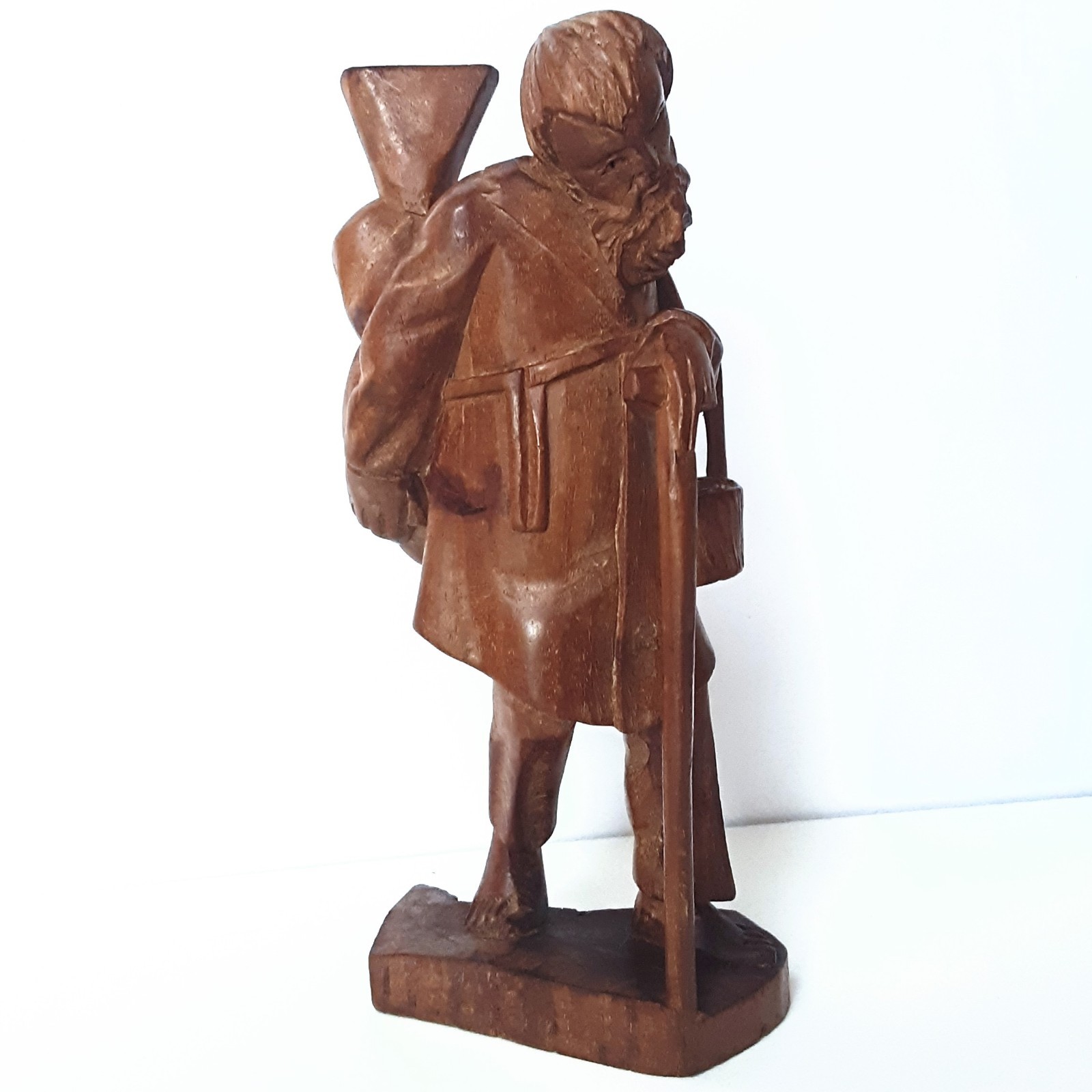 8″ Hand Carved Wandering Barefoot Old Man Folk Art Sculpture Wood Statue