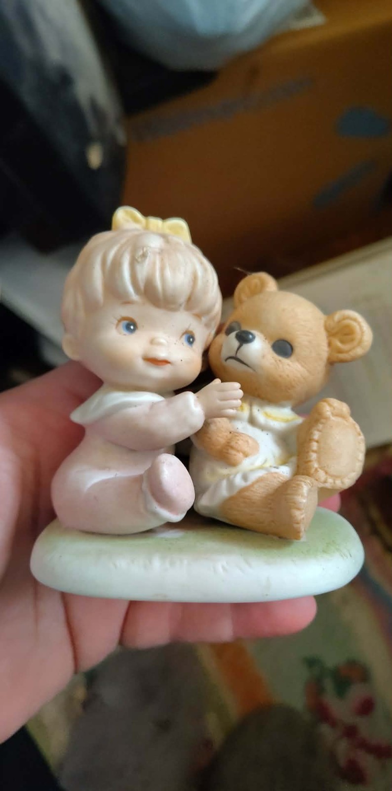 Ceramic Girl and Bear Figurine Matte Finish Small Animal Theme Beige Brown White