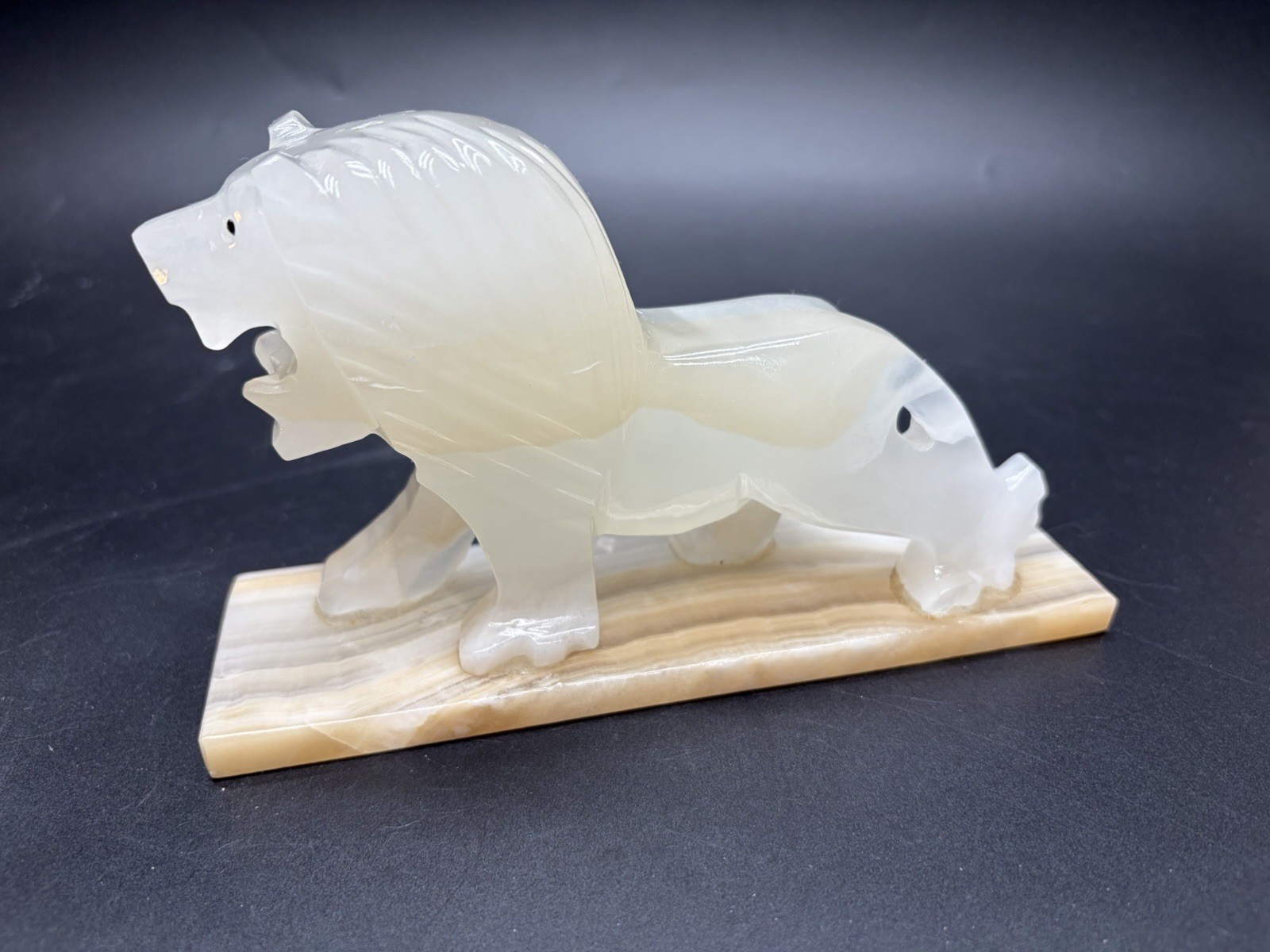 Vintage Hand Carved Art Deco Style Onyx Stone Lion On Onyx Base Sculpture