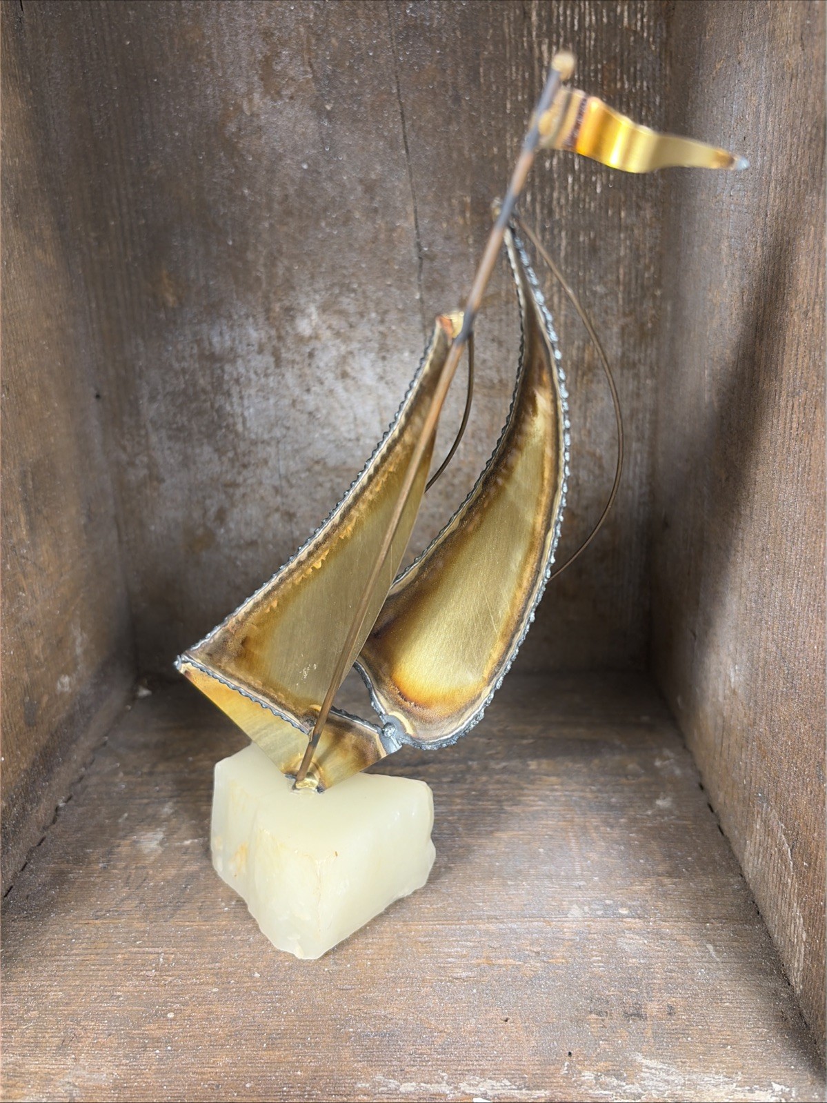 Mario Jason MCM Brutalist Brass Copper & Onyx Sailboat Sculpture Signed Base HBB