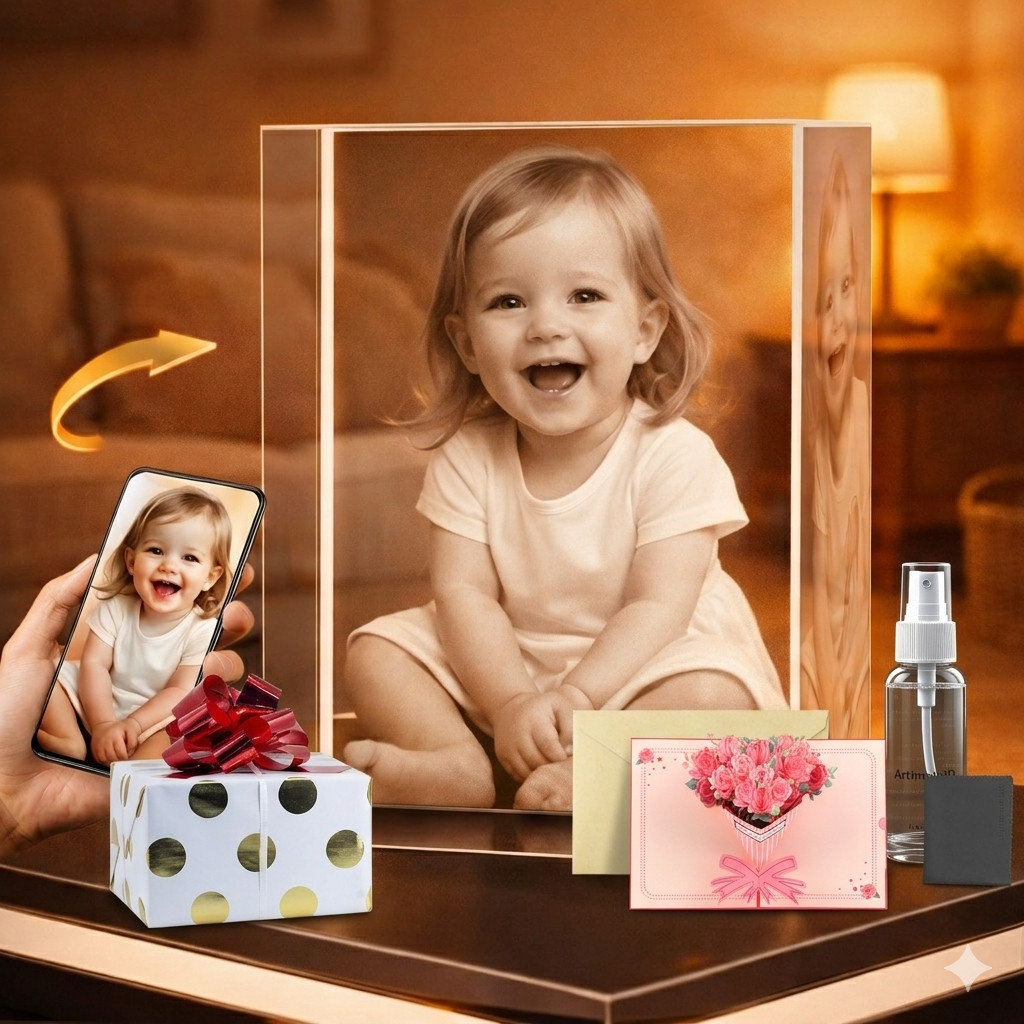 Custom 3D Photo Crystal Size XL Personalized Laser Engraved Gift +FREE LED Base
