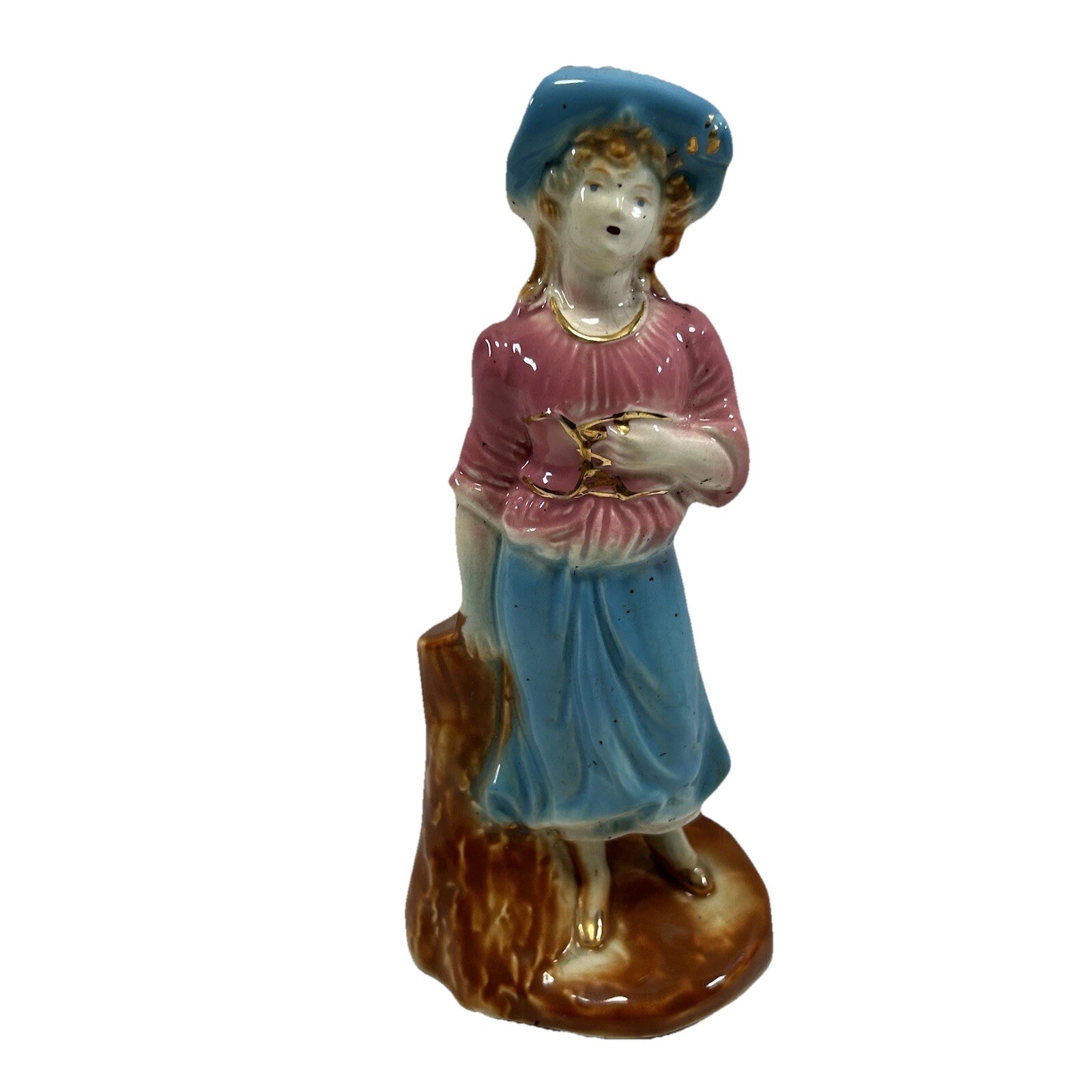 Porcelain Pink And Blue Dressed Lady Figurine with Gold Trim Vintage