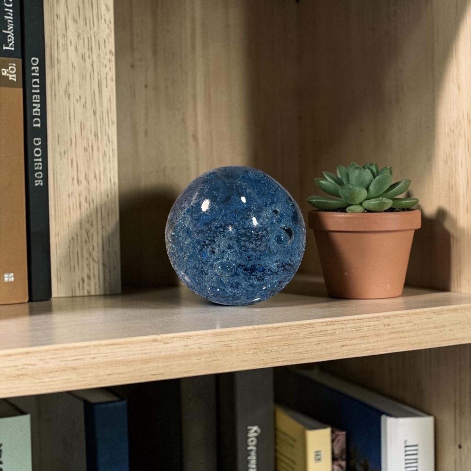 Hand Blown Glass Ocean Bubbles Blue Table Orb Art Sculpture