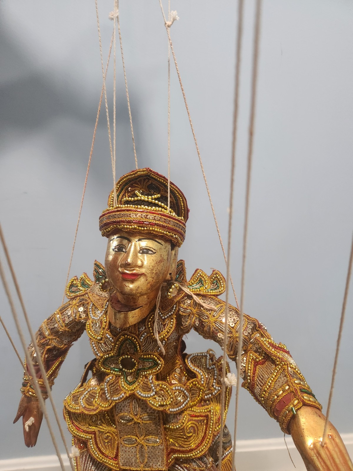 Vintage Marionette Wood Burmese Puppet Folk Art Gold In Color Female 20 Inches