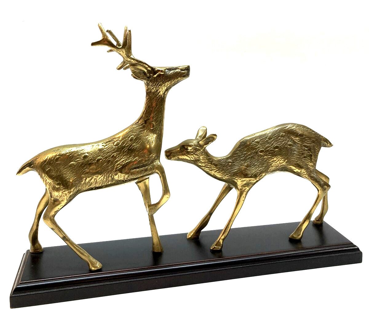 Solid Brass Buck and Doe Deer Figurines Mounted on Wood Base Vintage MCM Korea
