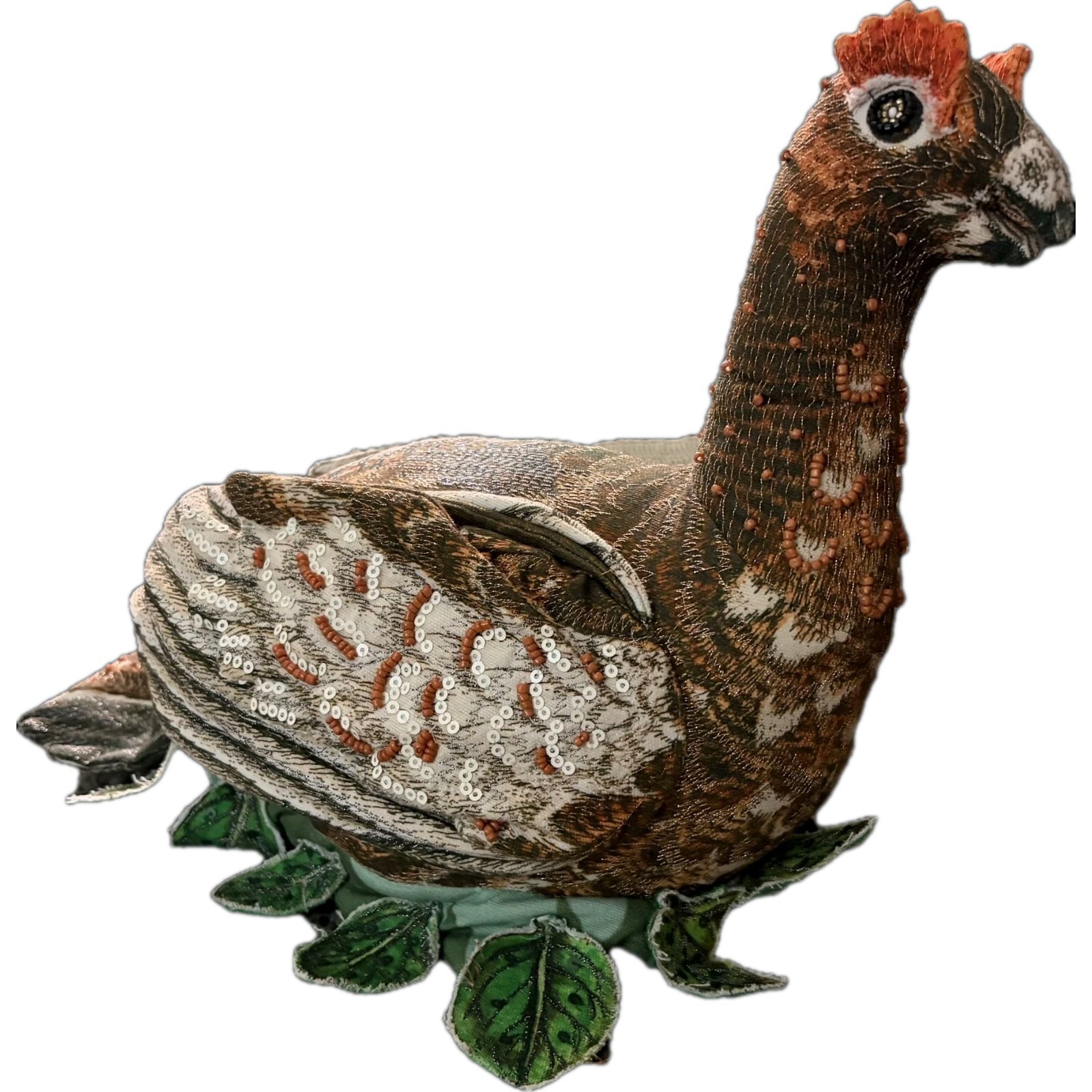 Embellished Fabric Bird Figurine with Sequins and Leaf Base, Decorative