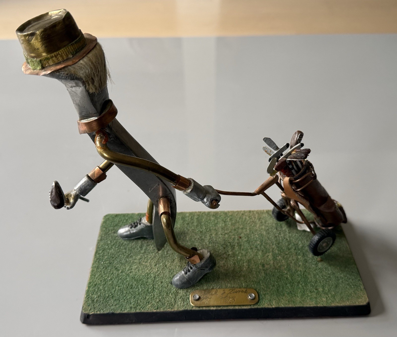 Vintage 1989 Large Railroad Spike Art Golfer & Cart, Artist Signed – AMAZING ART