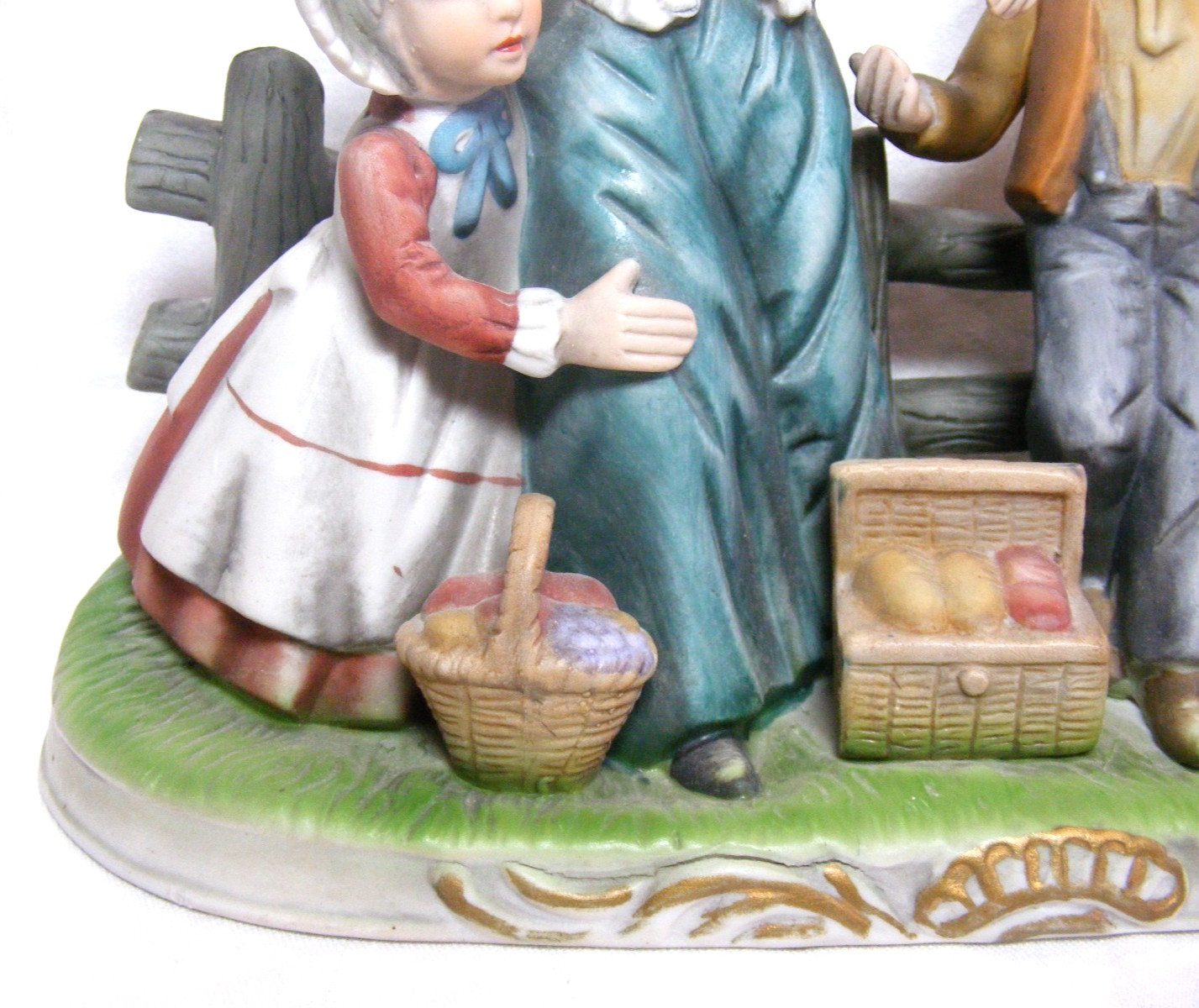 Vintage Decorative Figurine Family Picnic On A Bench Hand Painted Porcelain
