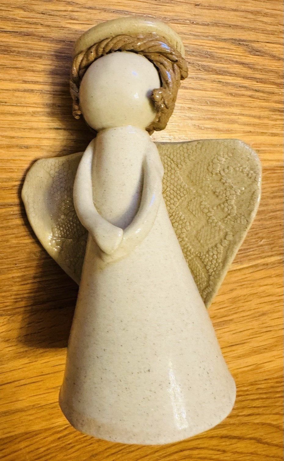 Glazed Ceramic Angel Figurine, Beige/Brown, Textured Wings, 1 Pack