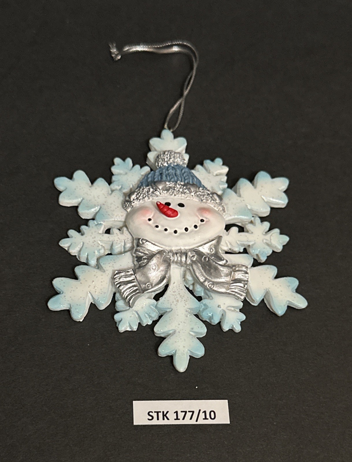 VTG Blue/White 4″ Snowflake Snowman Christmas Ornament w/Blue Knit Cap