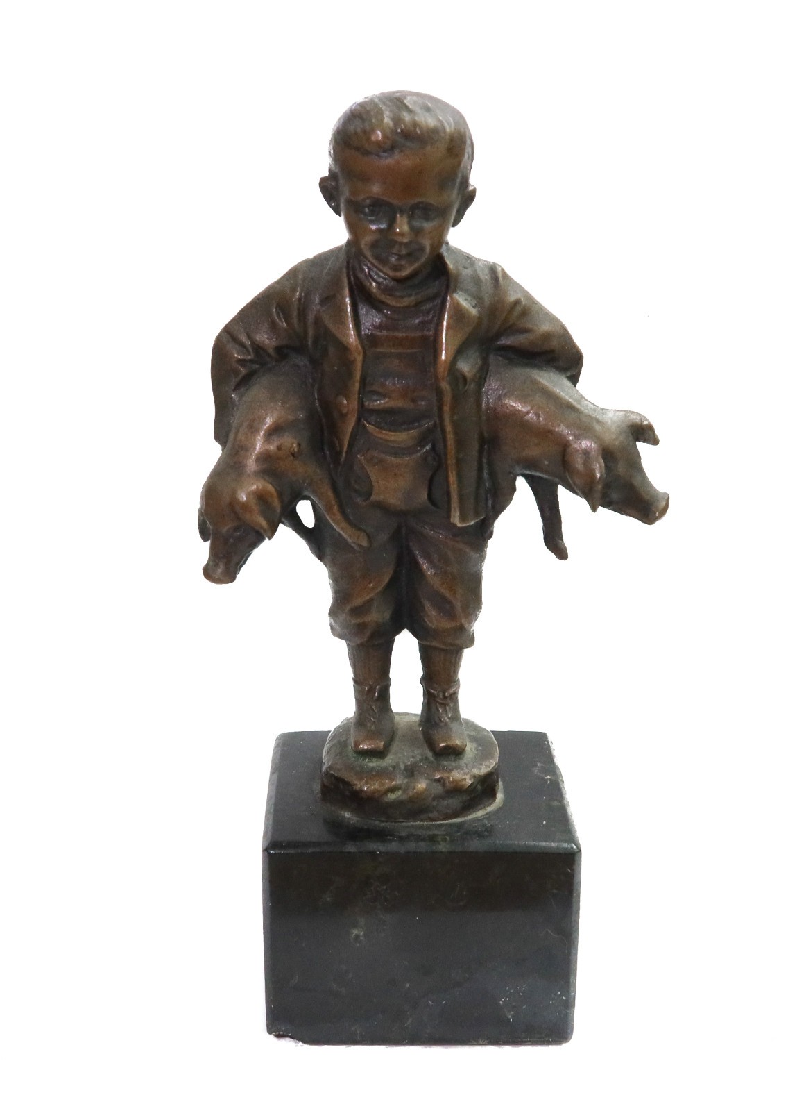 Vintage Miniature Patinated Bronze Sculpture Boy with Pigs