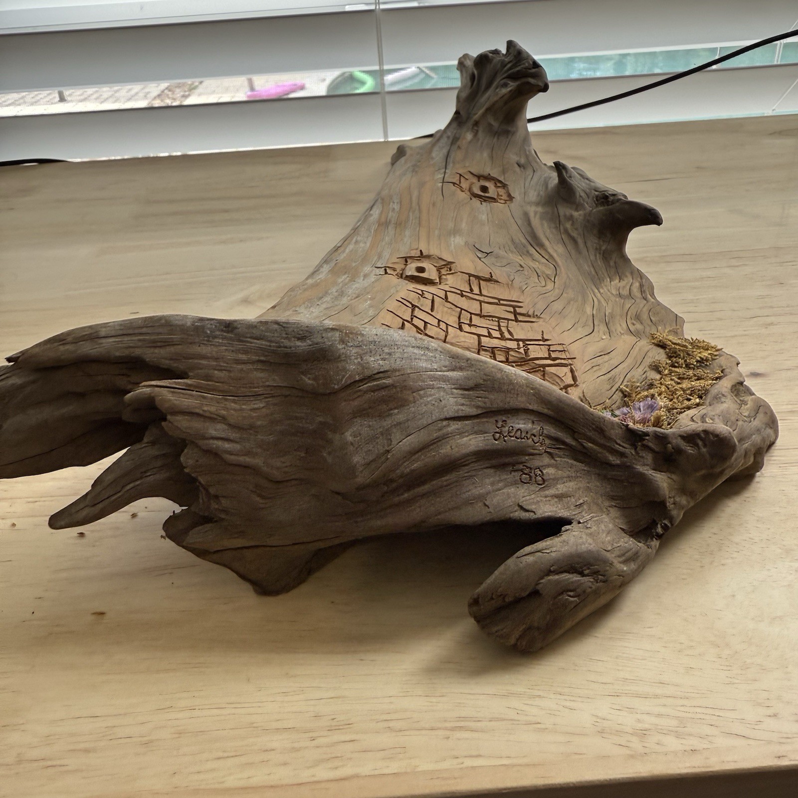 Hand Carved Driftwood Bark Fairy House Door Signed Wall Hanging VTG Leaich 1988