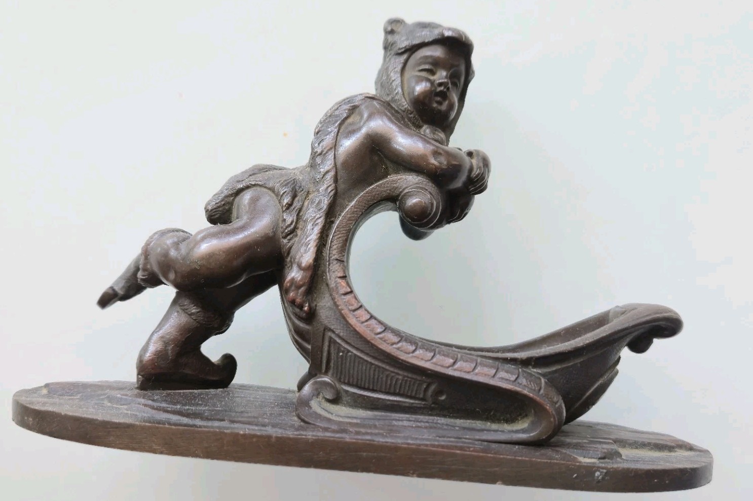 Antique Circa 1880s Bronze Figure, Putti Wearing Pelt & Ice SkatesOn A Sled OOAK