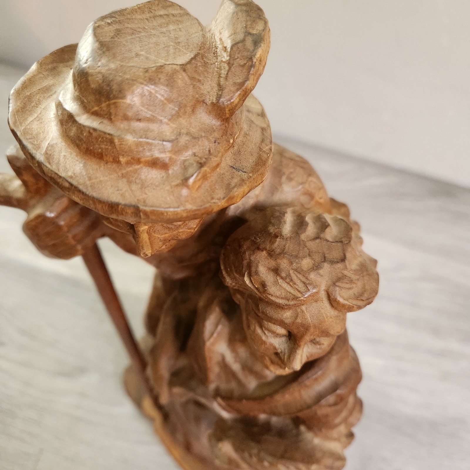 Vintage Hand Carved Fine Wood Man Traveler Lantern Night Watcher Solid Folk Art