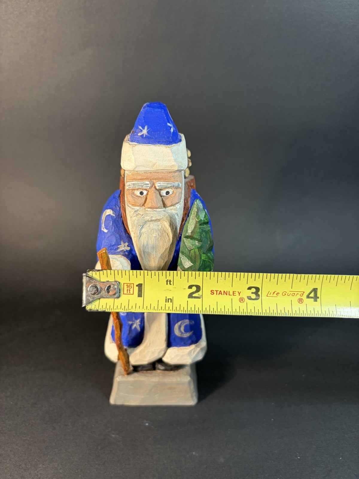 Folk Art Santa With Staff & Tree &Wizard Jacket Wood Carving 6.5” By ME ME 1999