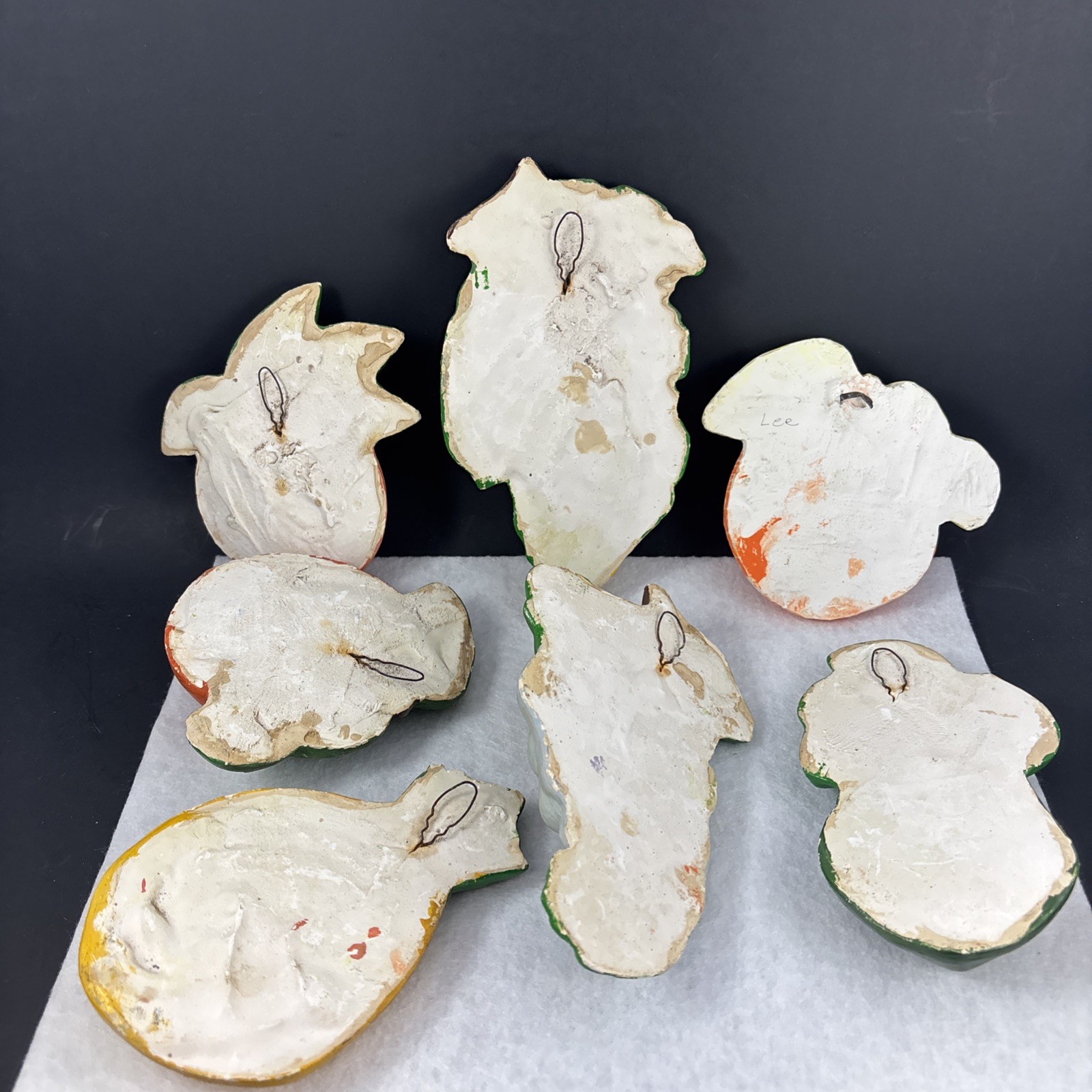 Vintage Iridescent Anthropomorphic Fruit Chalkware Wall Plaques Set Of 7 50s/60s