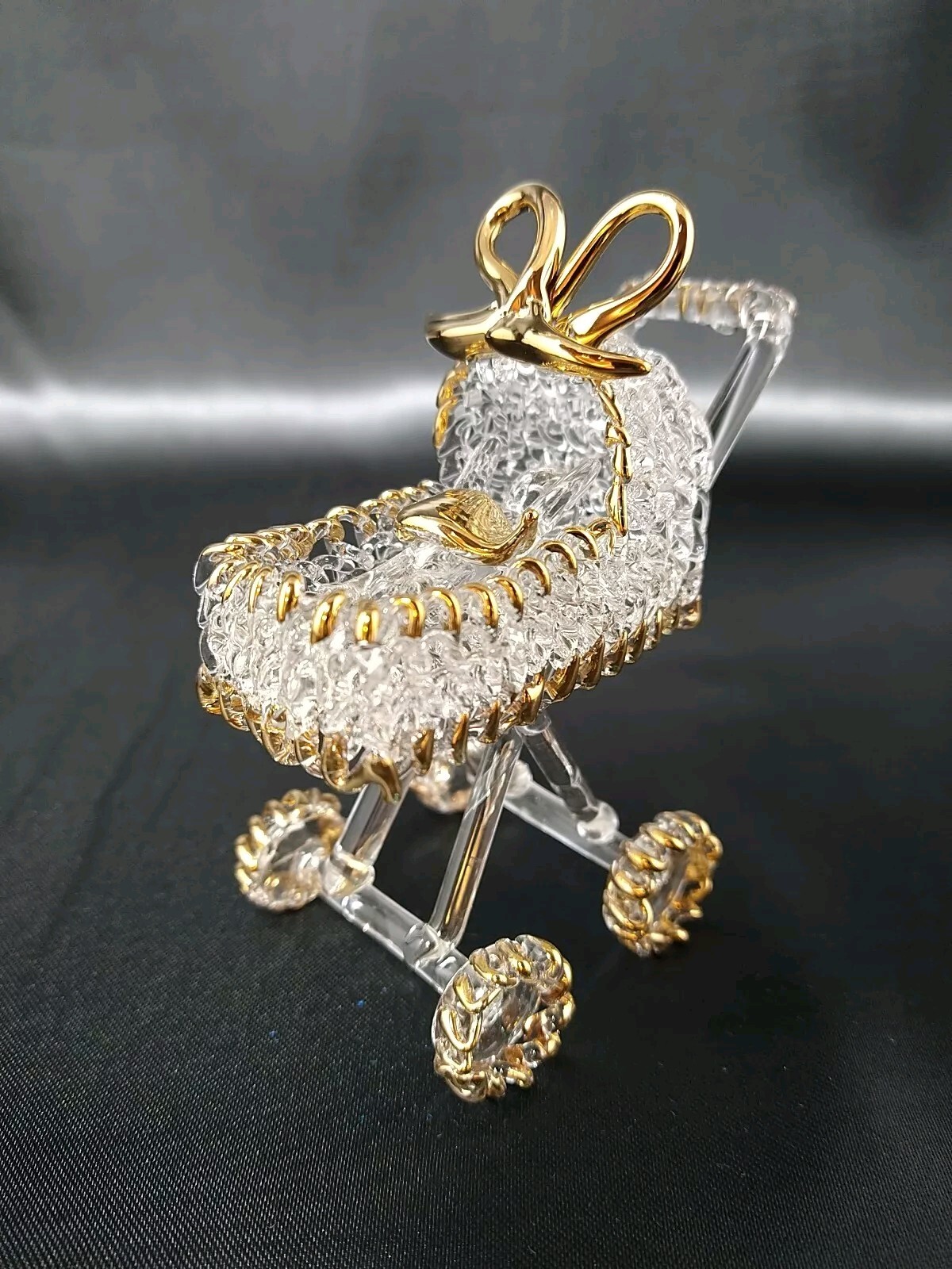 Baby + Stroller Hand Blown Clear Glass Gold Detail Figurine Figure Carriage New