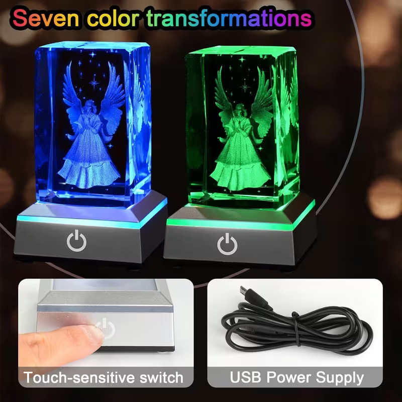 3D Crystal Guardian Angel Figurine with Colorful Light Base Laser Engraved