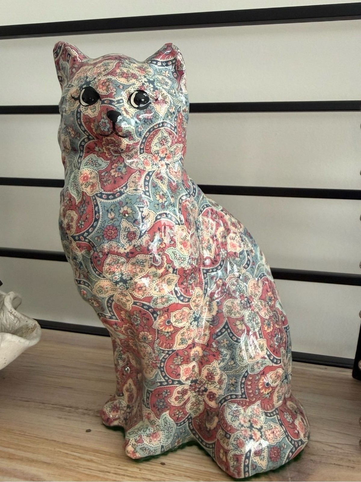 Vintage Style Paisley Floral Decoupage Cat Figurine Cottagecore Boho Home Decor