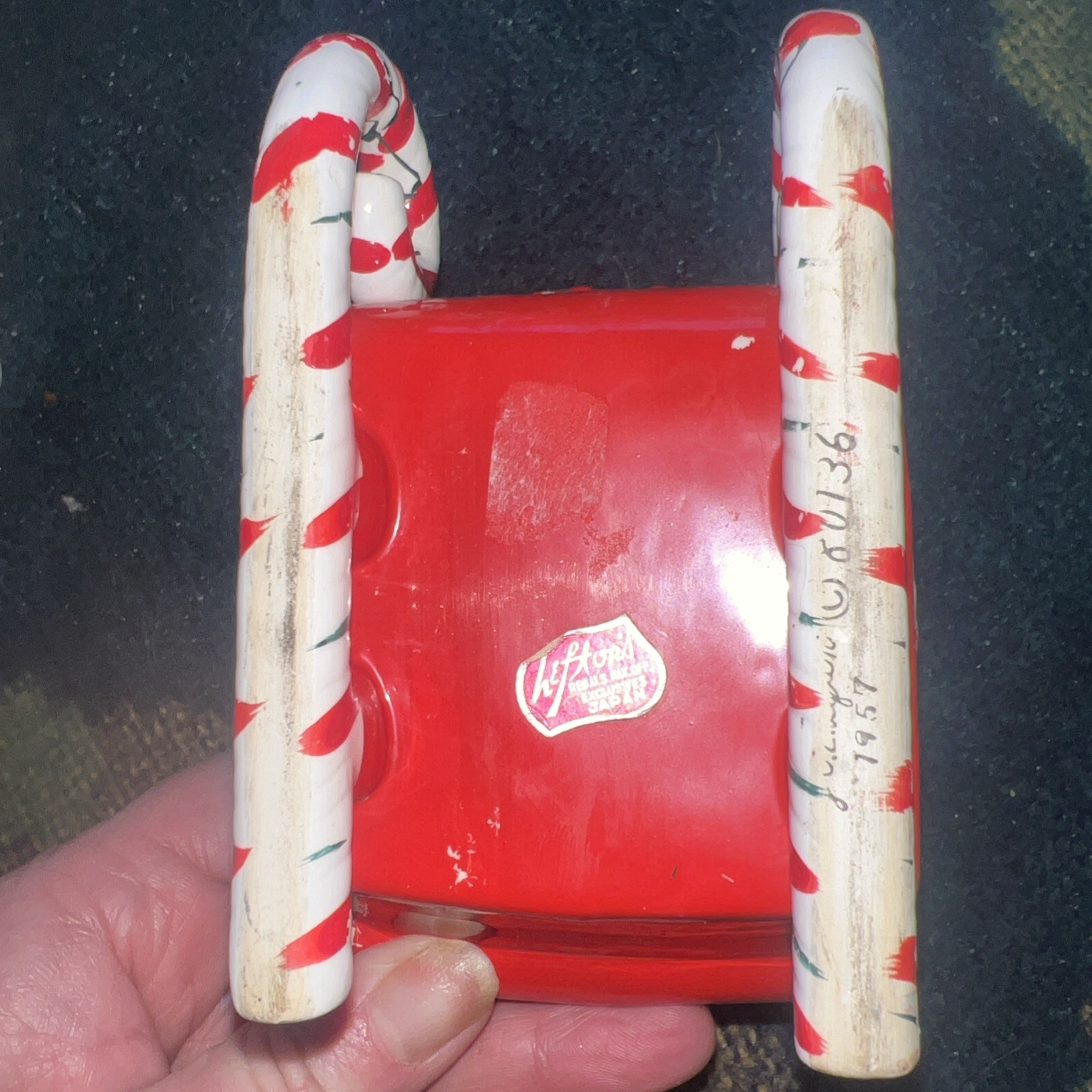 Vintage Ceramic Geo Z Lefton Christmas Shopper Girl In Candy Cane Sleigh 1957