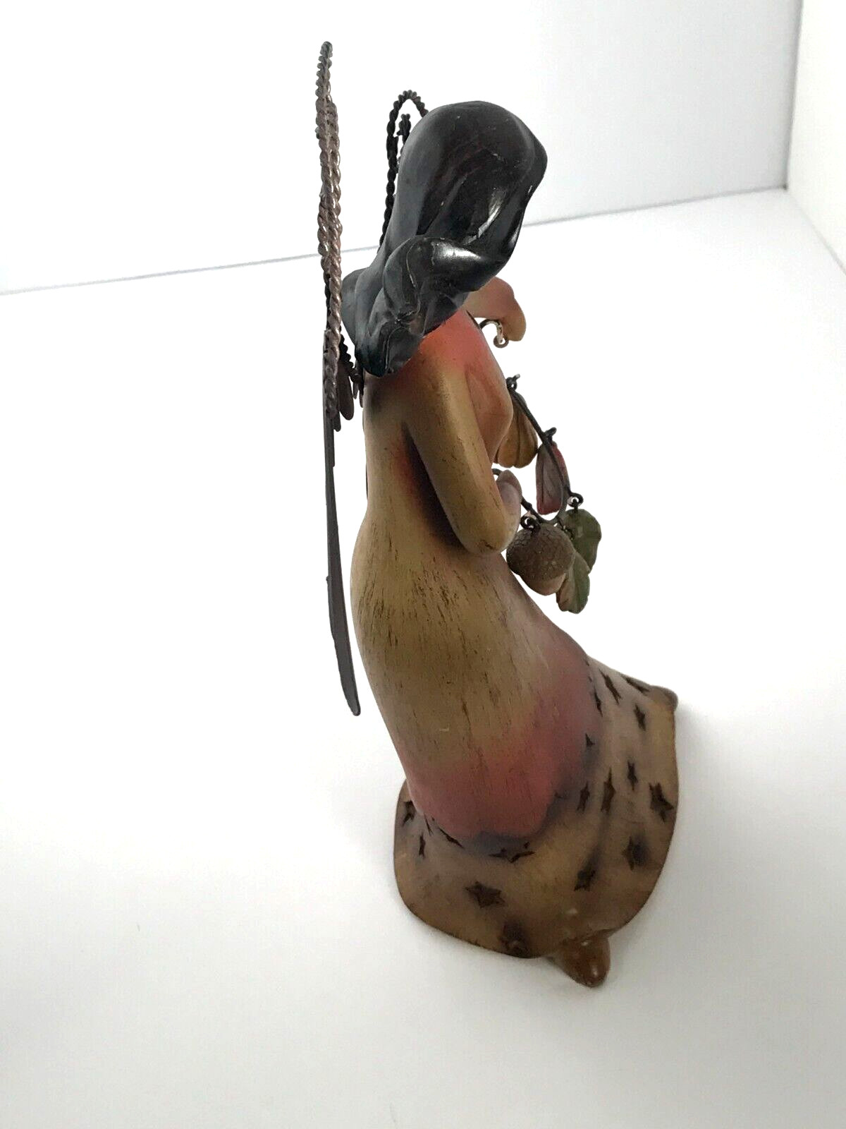 Autumn Resin Angel Holding String of Natures Fall Leaves, Corn, and Acorn
