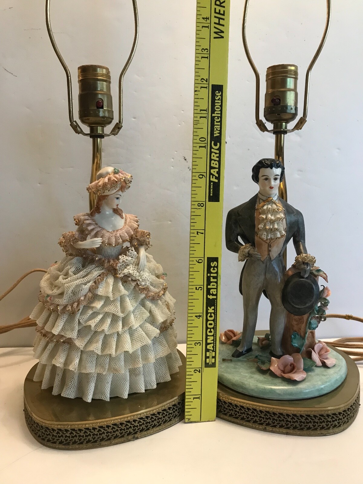 ANTIQUE/VINTAGE PAIR OF BOUDOIR LAMPS – LADY/DRESDEN LACE DRESS, MAN IN TAILS