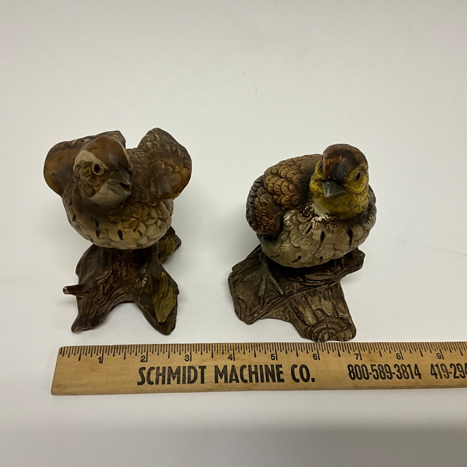 VINTAGE PAIR OF NORLEANS HAND PAINTED CERAMIC BROWN BIRD ON BRANCH FIGURINES 7”