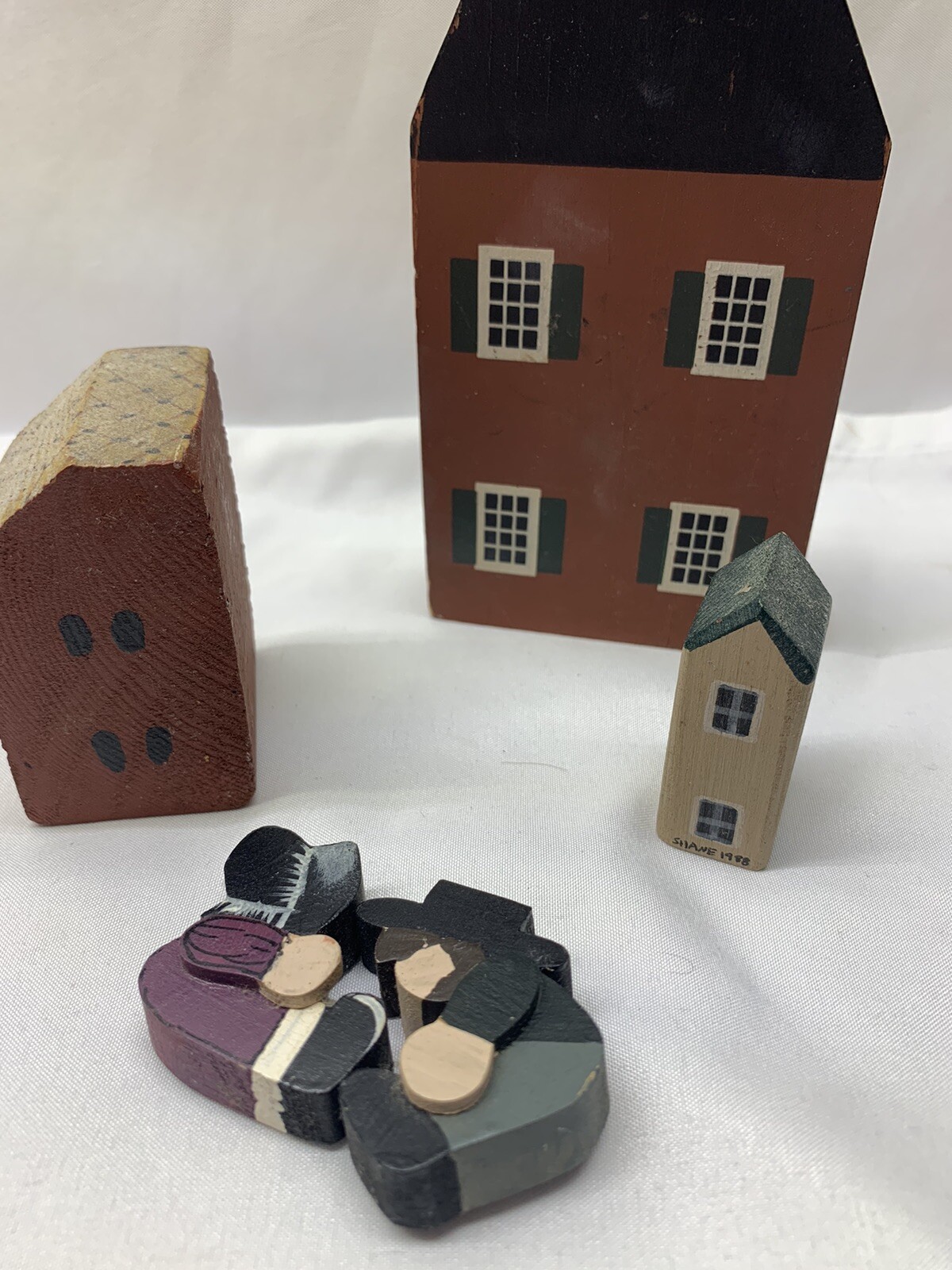 Vintage Wood Block Folk Art Cutouts Cats Meow Antique Store House People