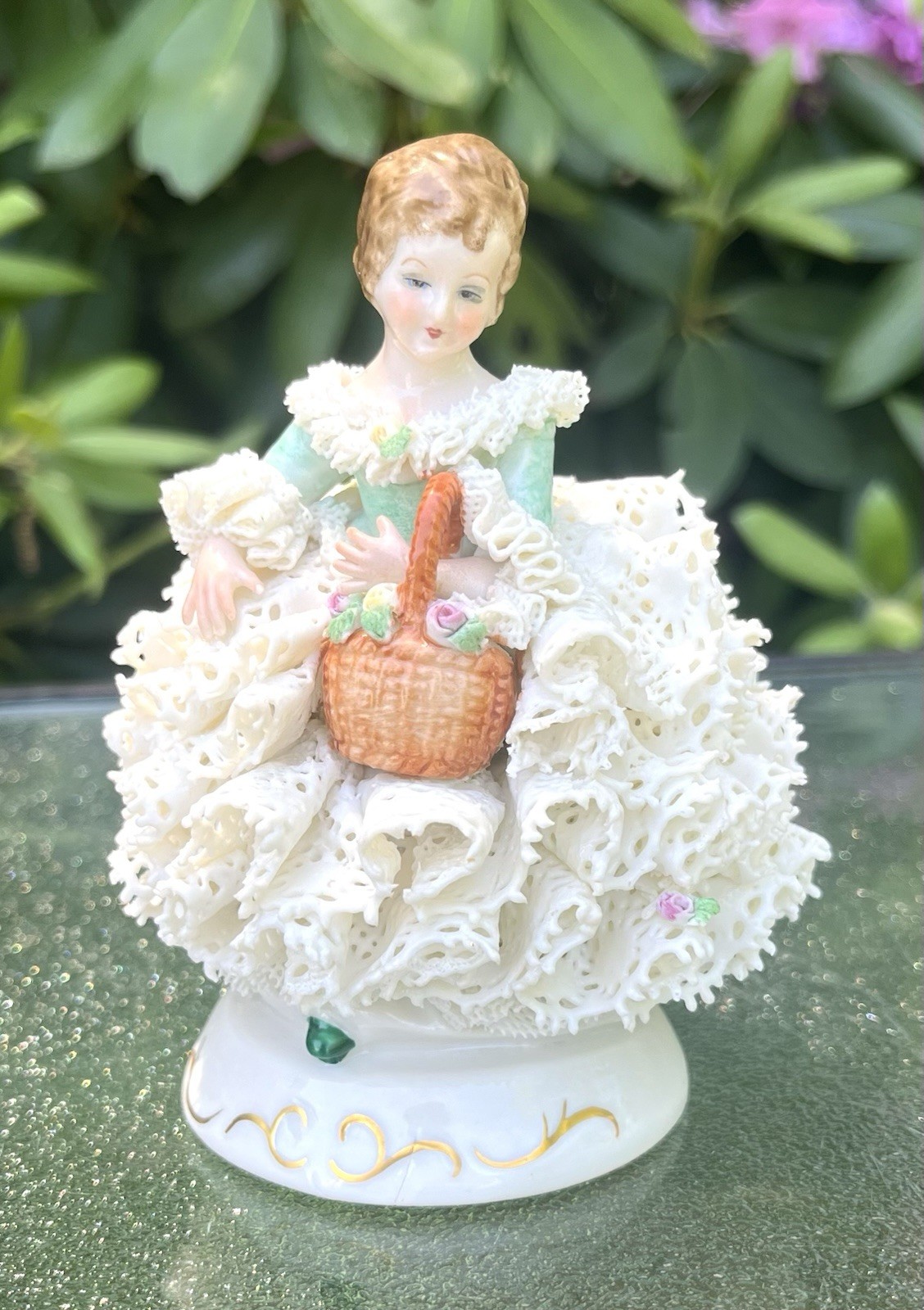 Vintage MZ Irish Dresden Lace Figurine Girl With Basket Of Flowers Small Rare 4″