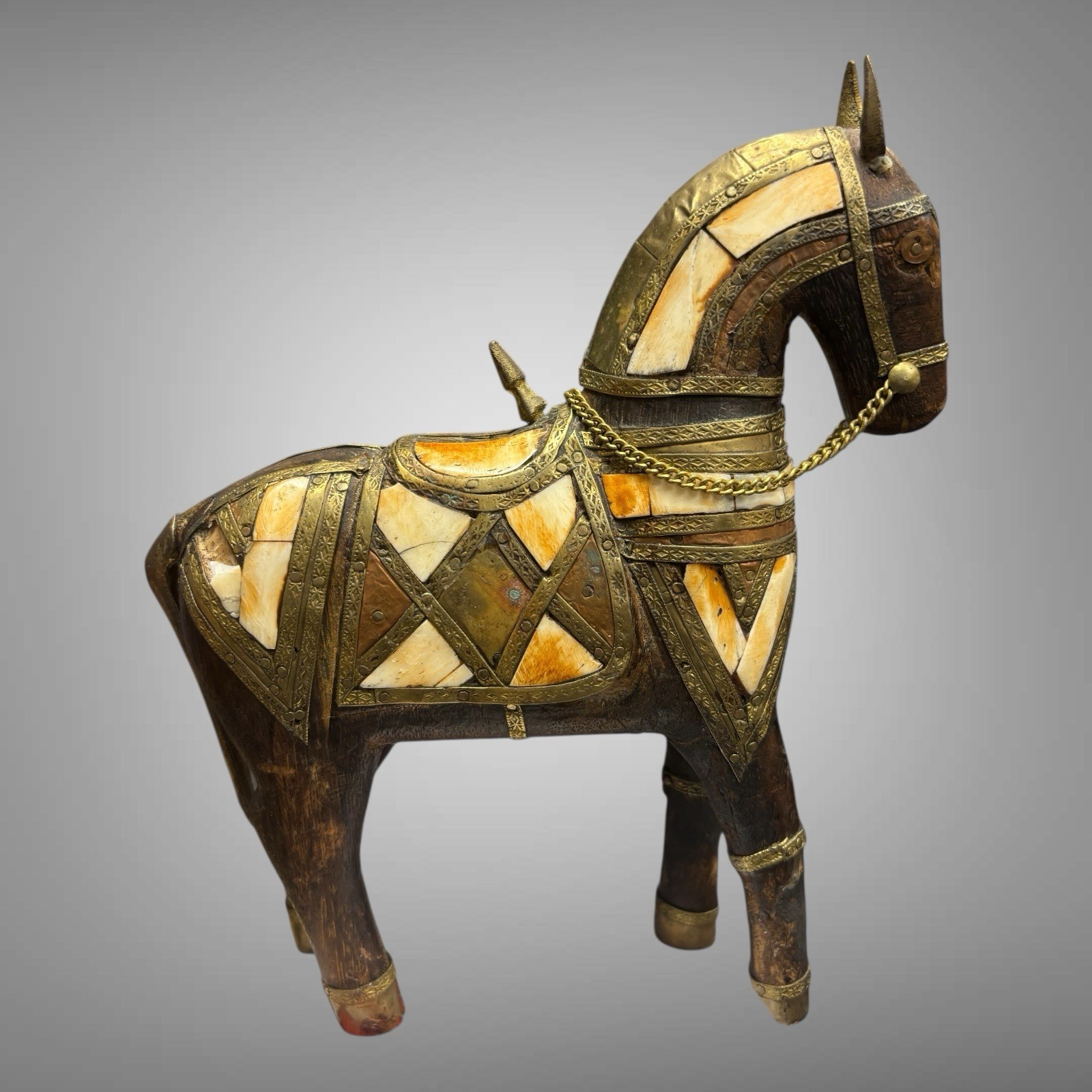Vintage Hand Carved Wooden Horse Hammered Brass w/Horn or Mother of Pearl Inlay