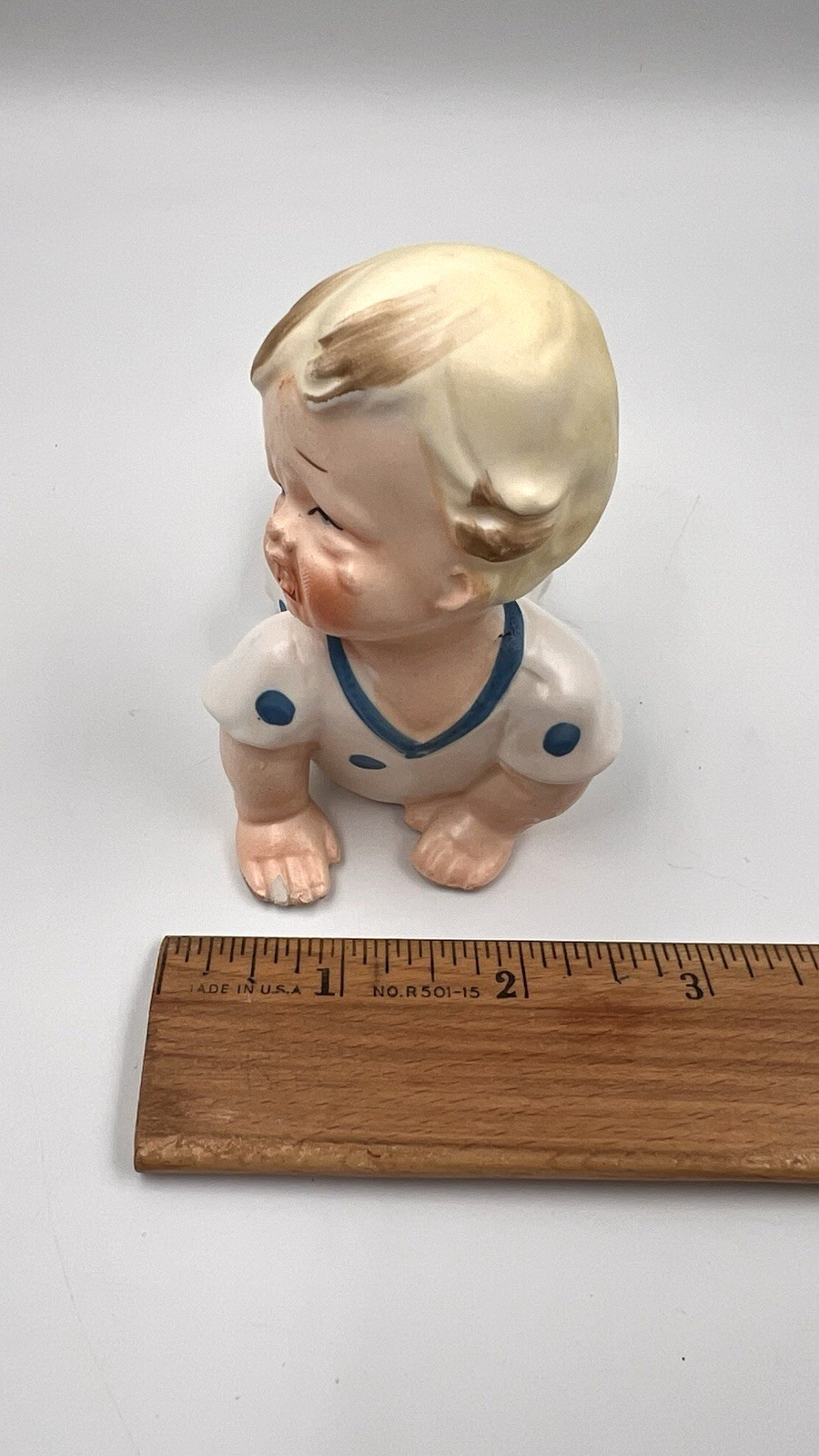 2 Vintage Porcelain Piano Baby Figurines Girl yawning, boy crying, Japan #296