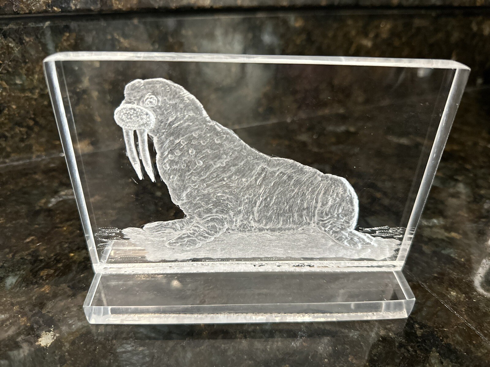 Reverse Etched Acrylic Lucite Walrus Sculpture Paperweight 6″x4.5″ Signed