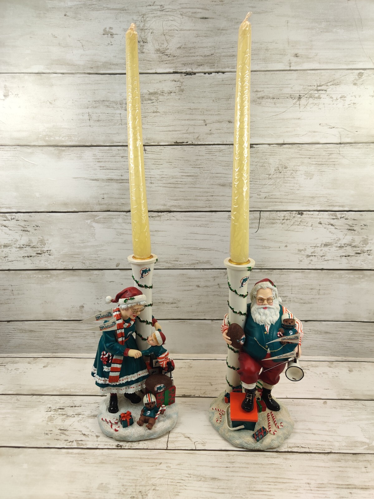VTG 2004 Danbury Mint Miami Dolphins Candlesticks 8″ Tall Figurines Santa Claus