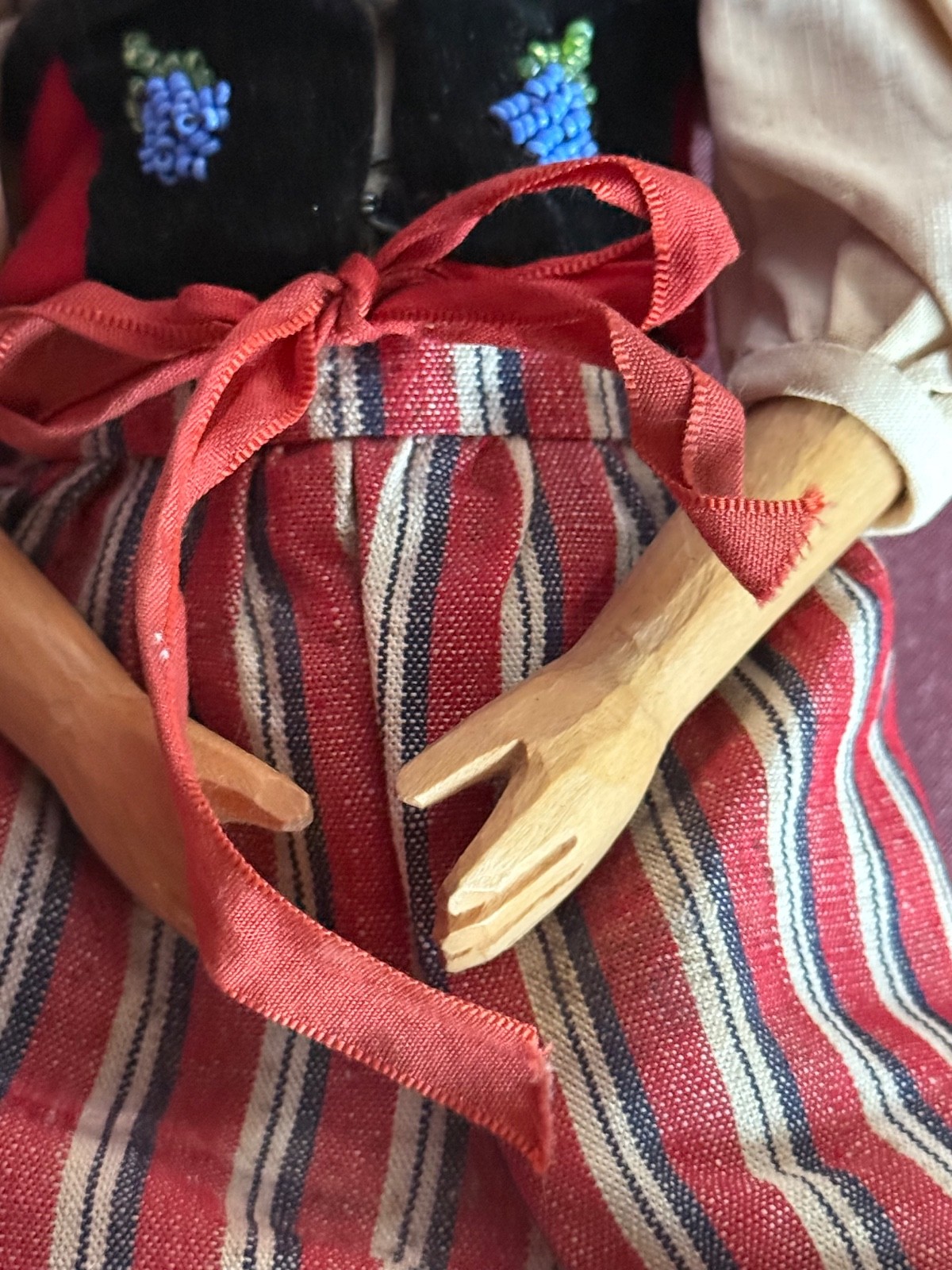 Vintage Swiss Hand Carved Wooden Girl Doll Head Cloth Body Hand made Costume