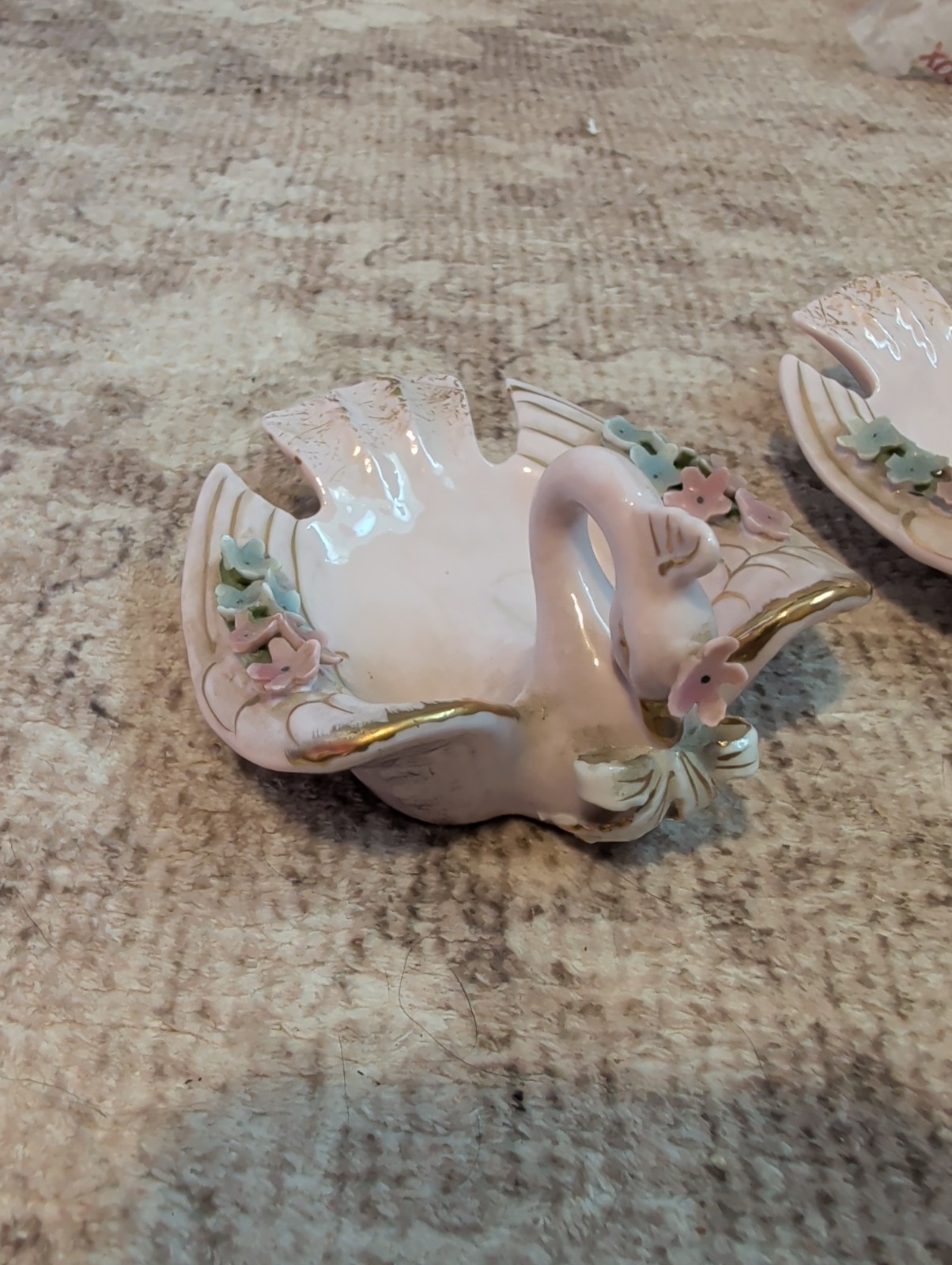 Vintage Norcrest D-316 Pink Swan Applied Flowers Ashtray Trinket Dish X2