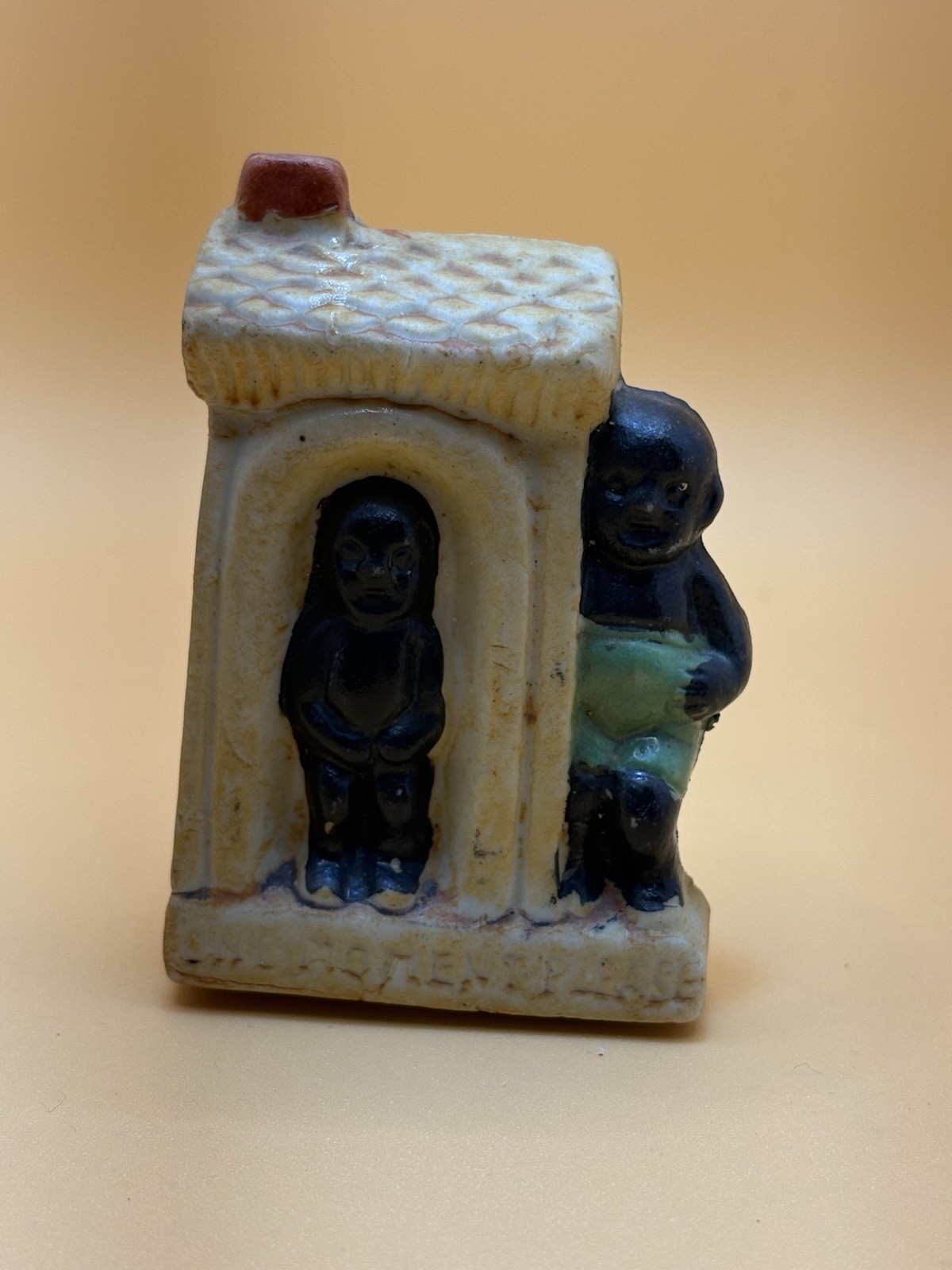 Ceramic Outhouse Figurine with Two People Small Beige Black Green Kids 3.75 in