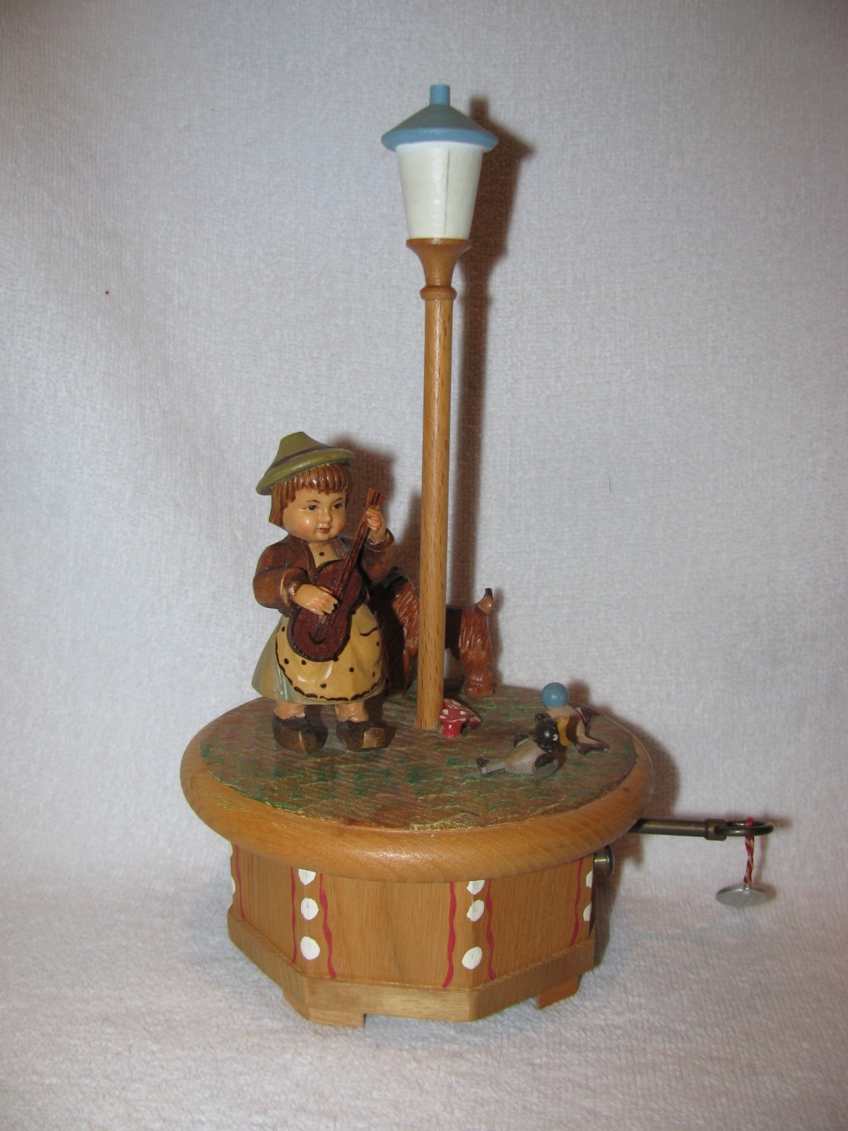 Wood Carved ANRI Italy Music Box Little Girl W/Guitar & Terrier Dog