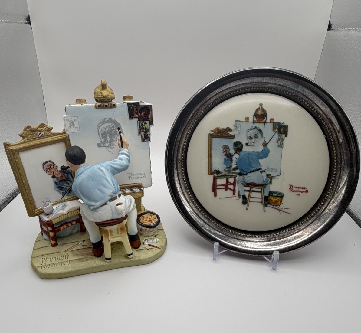Vintage Norman Rockwell “Triple Self Portrait” 1982 Figurine & Coaster Set