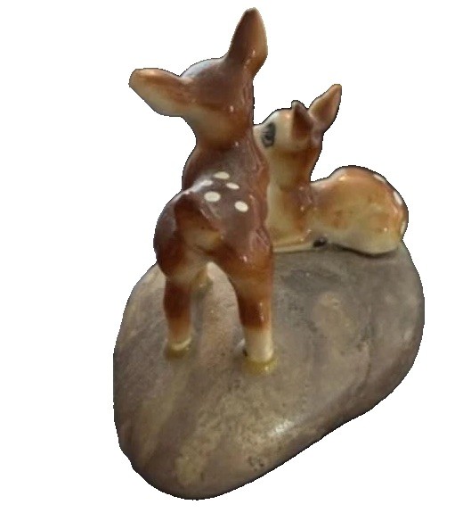VTG Porcelain Fawn Deer Figurine on Polished Stone Base Miniature Woodland Decor