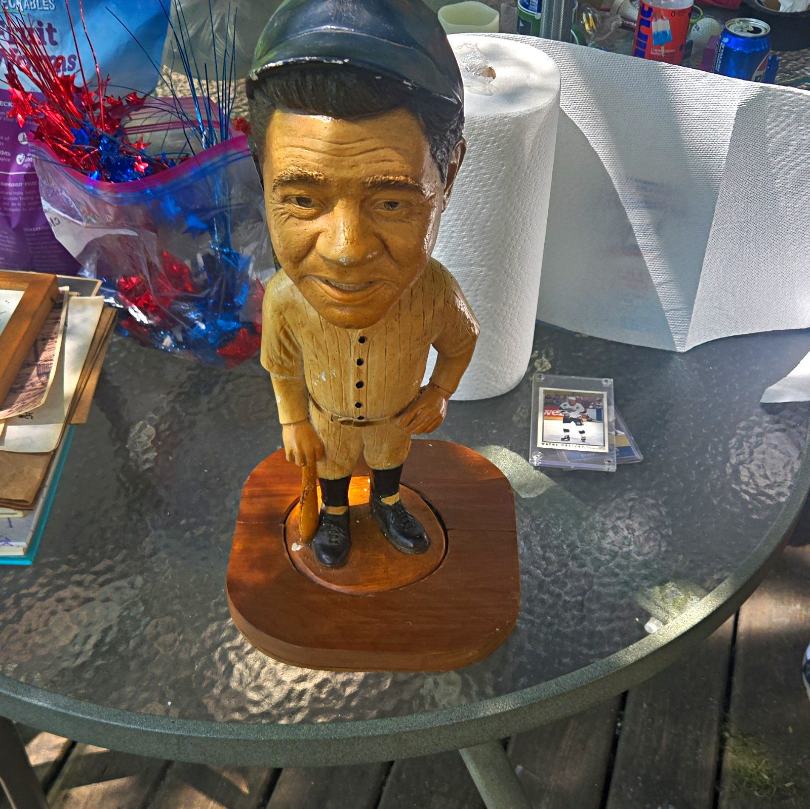 Painted Wooden Baseball Player Babe Ruth Figurine Statue on Wooden Base