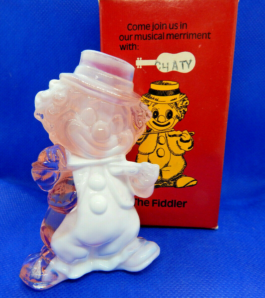 MOSSER ART SOLID GLASS ~ CHATY THE FIDDLER CLOWN ~ PINK & WHITE SLAG ~ WITH BOX