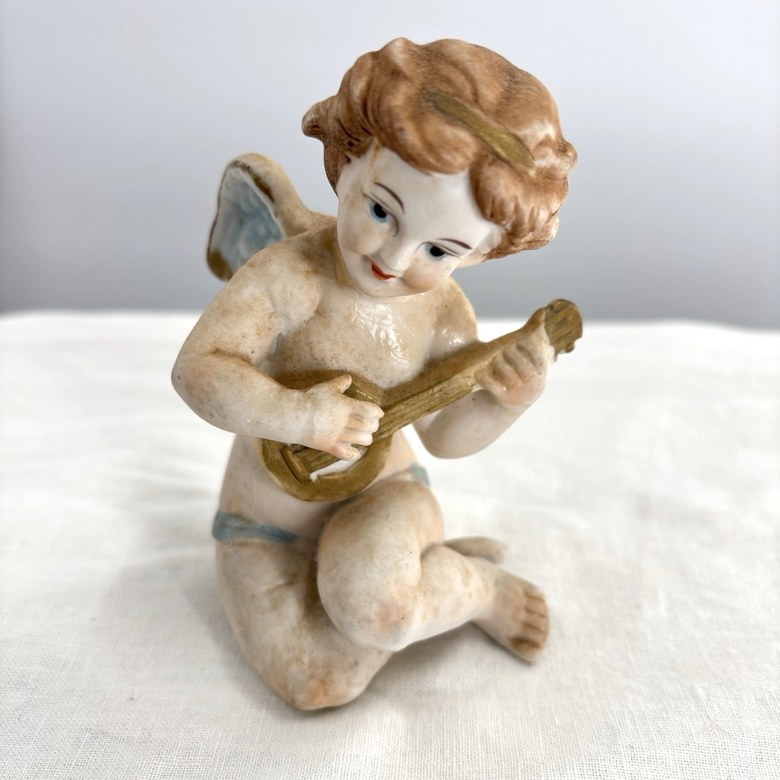 Vintage Bisque Porcelain Cherub Angel Figurine Playing Mandolin Putti 4″